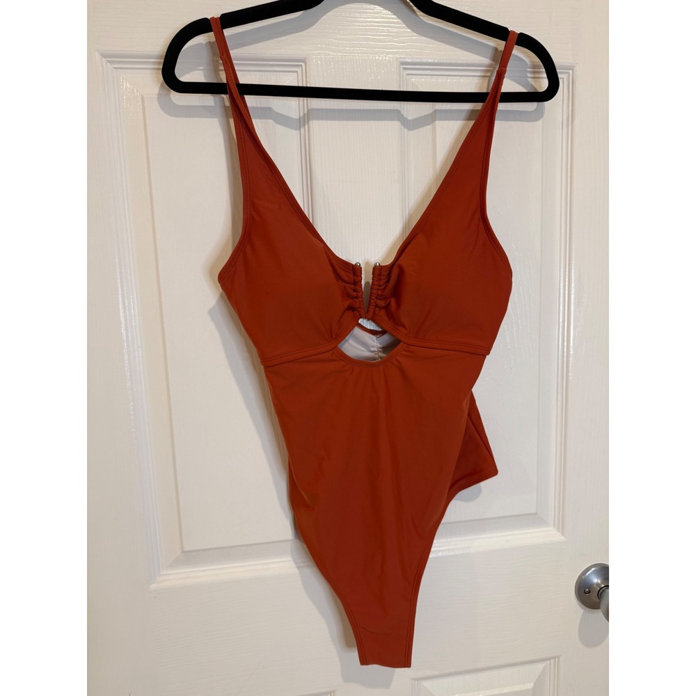 Orange One Piece Swimsuit‎ Cut Out Ruched Detail Medium